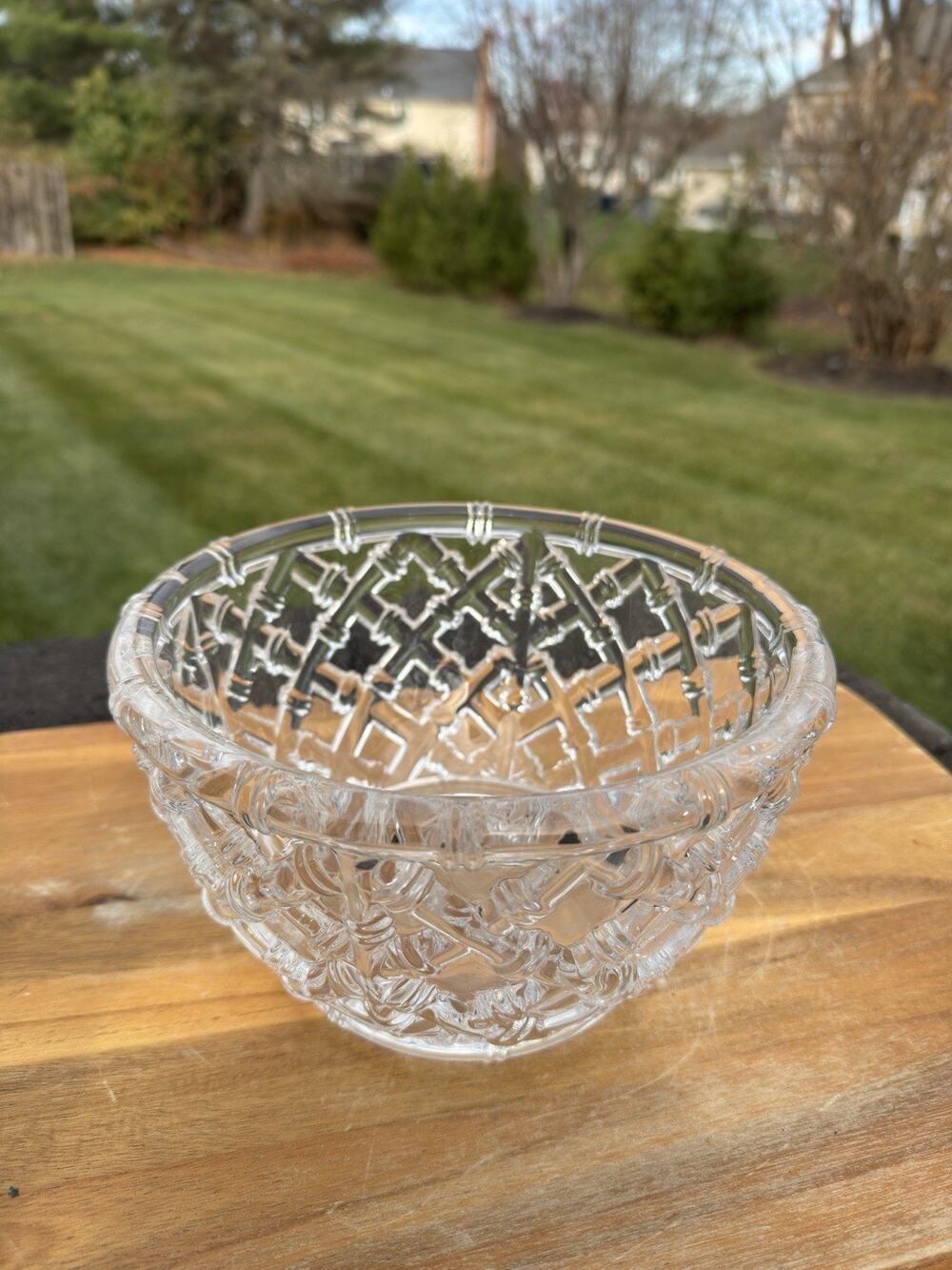 Vintage Tiffany & Co. Crystal Bowl 9” Bamboo Lattice Pattern Heavy Signed